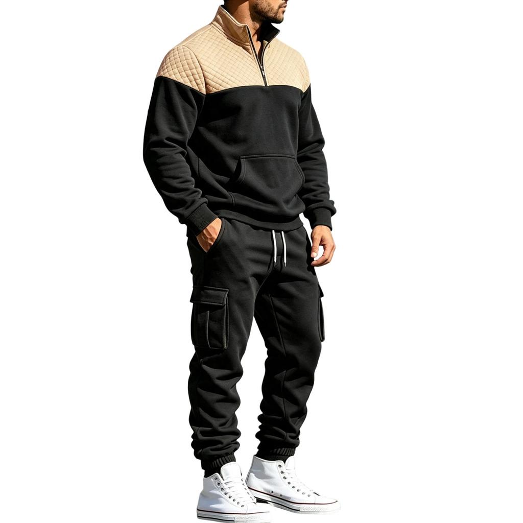 Men's Winter Hoodie and Sweatpants Set - Loose Fit Color Stand Collar Casual Tracksuit for Everyday Wear