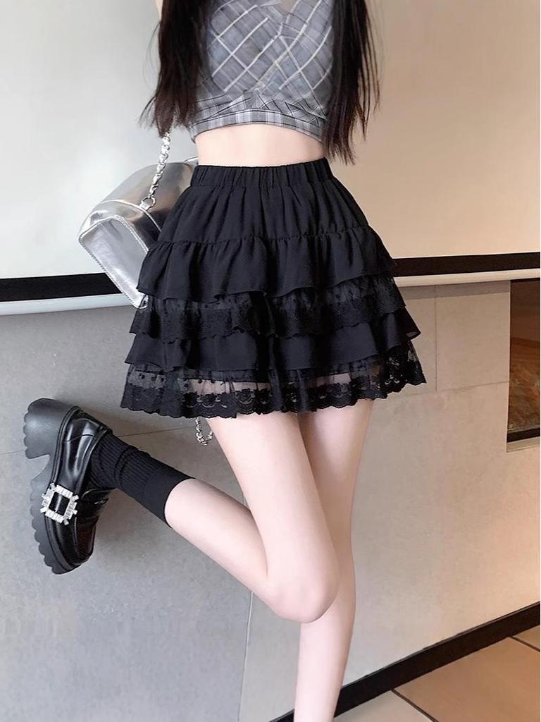 White Lace A-Line Mini Skirt: High Waist, Slimming, Puffy Design for Summer.