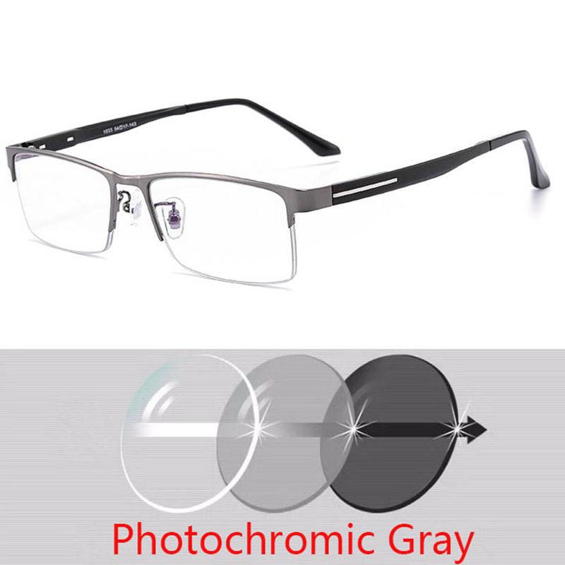 Men's Outdoor Shade Semi-Rimless Photochromic Gray Square Prescription Eyeglasses Metal Shortsight SPH 0 -0.5 -0.75 -1.0 TO -6.0