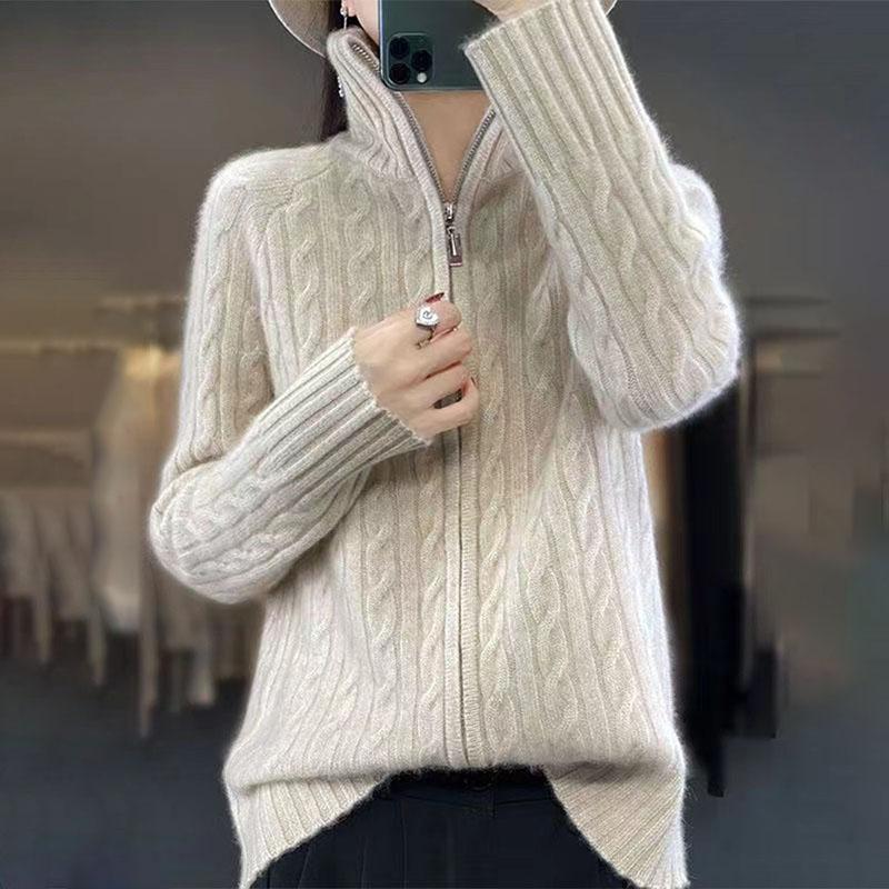 Autumn Winter Women's Stand Collar Cardigan Sweater Zipper Cable Knit Sweater Loose Solid Color Knitted Cardigan Jacket Outerwear
