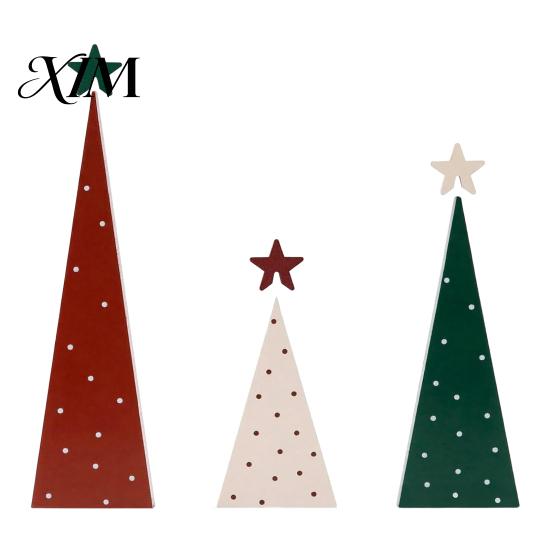 Small Wooden Trees for Mantels 3Pcs Christmas Tree Ornament, Polka Dot Cone Decor with Tiered Tray Decoration Star Topper, Rustic Farmhouse