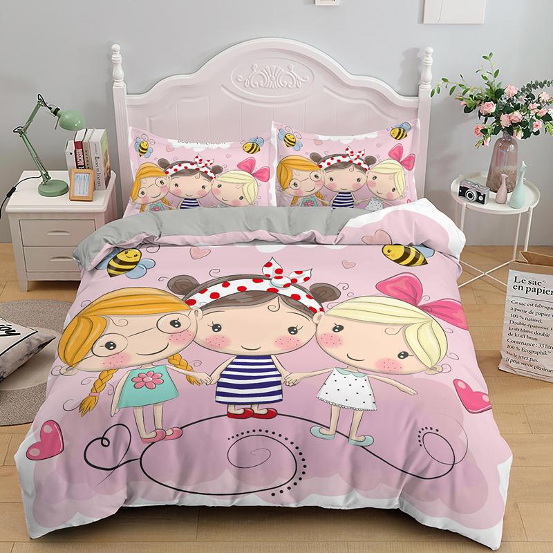 Cartoon Lovely Girls King Queen Duvet Cover Cute Little Girl Pattern Bedding Set Kids Pink Pretty 2/3pcs Polyester Quilt Cover