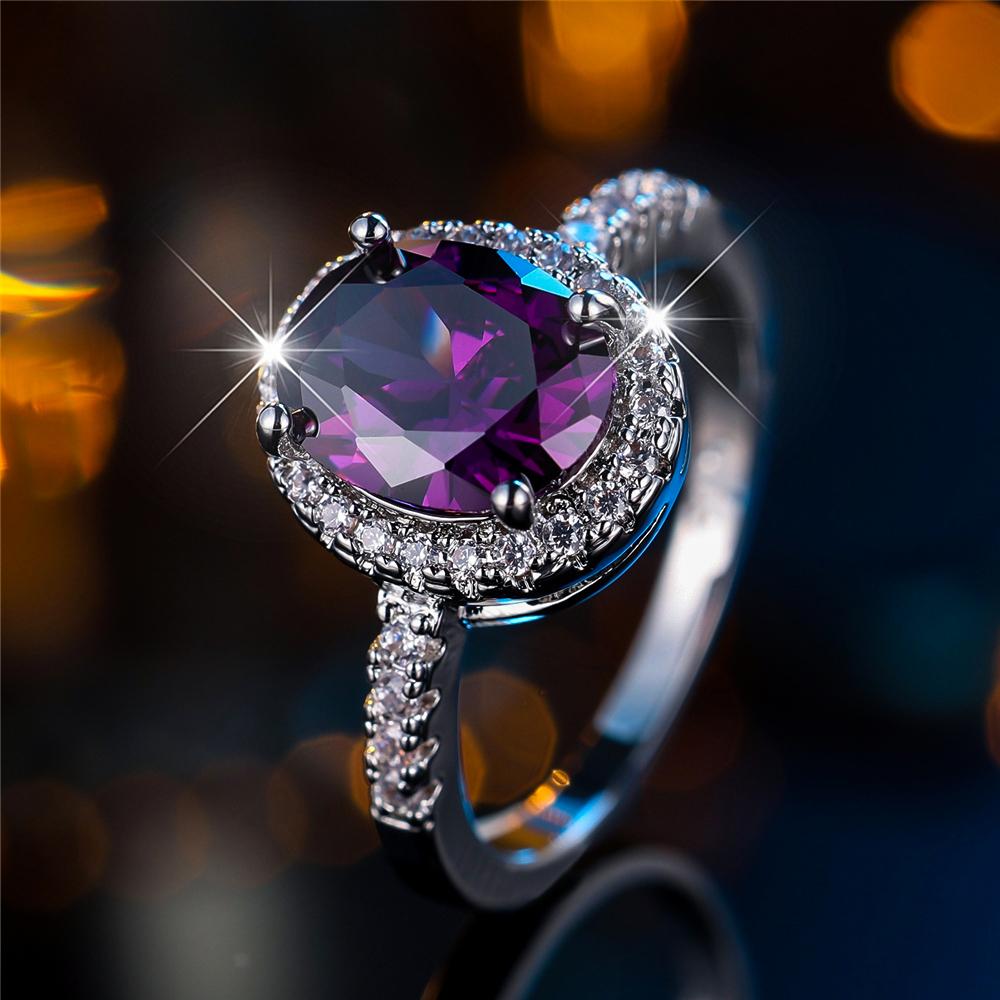 Trendy Crystal Big Purple Oval Zircon Stone Engagement Ring Vintage Silver Color Wedding Bands  For Women Men