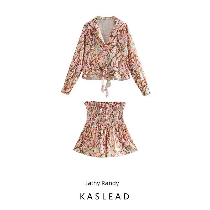Kaslead New Women Clothes Western Style Fashion Knot Decoration Print Shirts Culottes 4437086 4886072