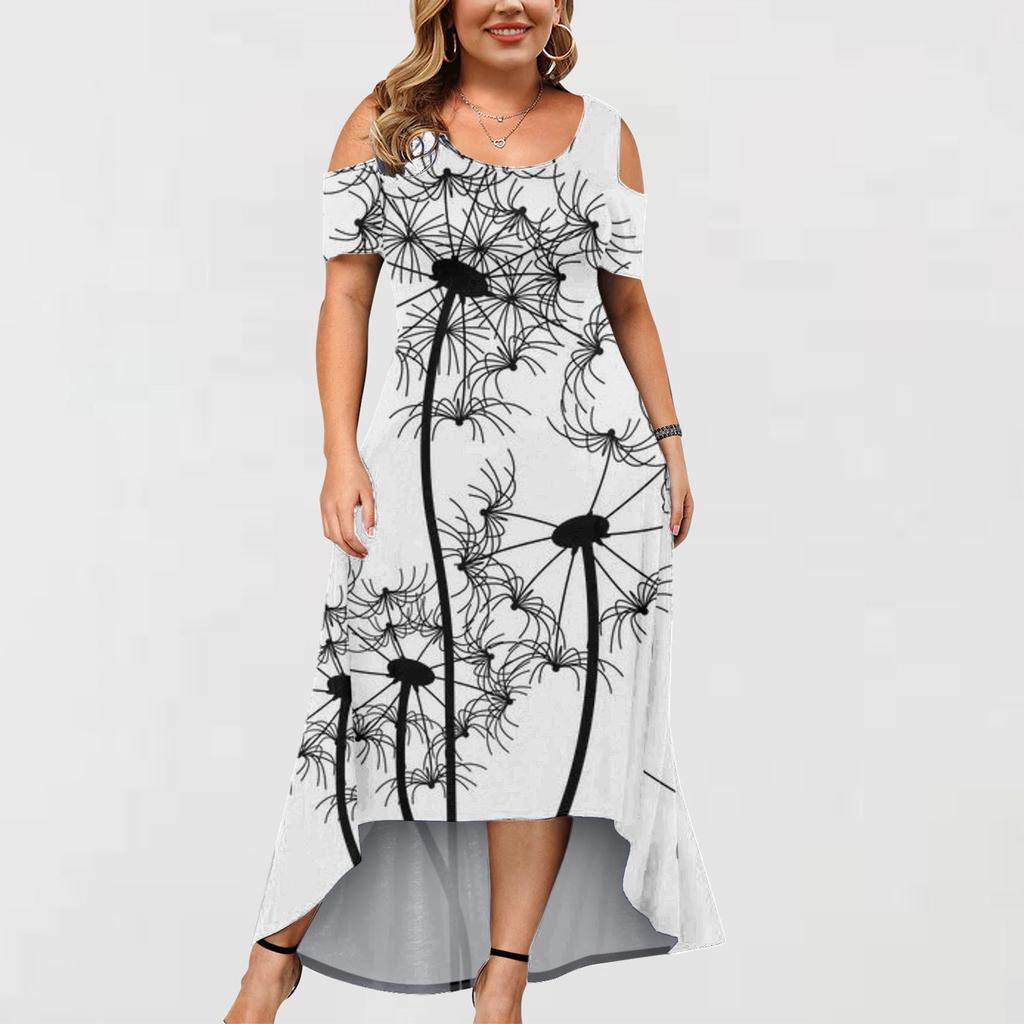 Women's Large Size Short Sleeve Fashion Floral Butterfly Print Round Neck Strapless Irregular Hem Dress