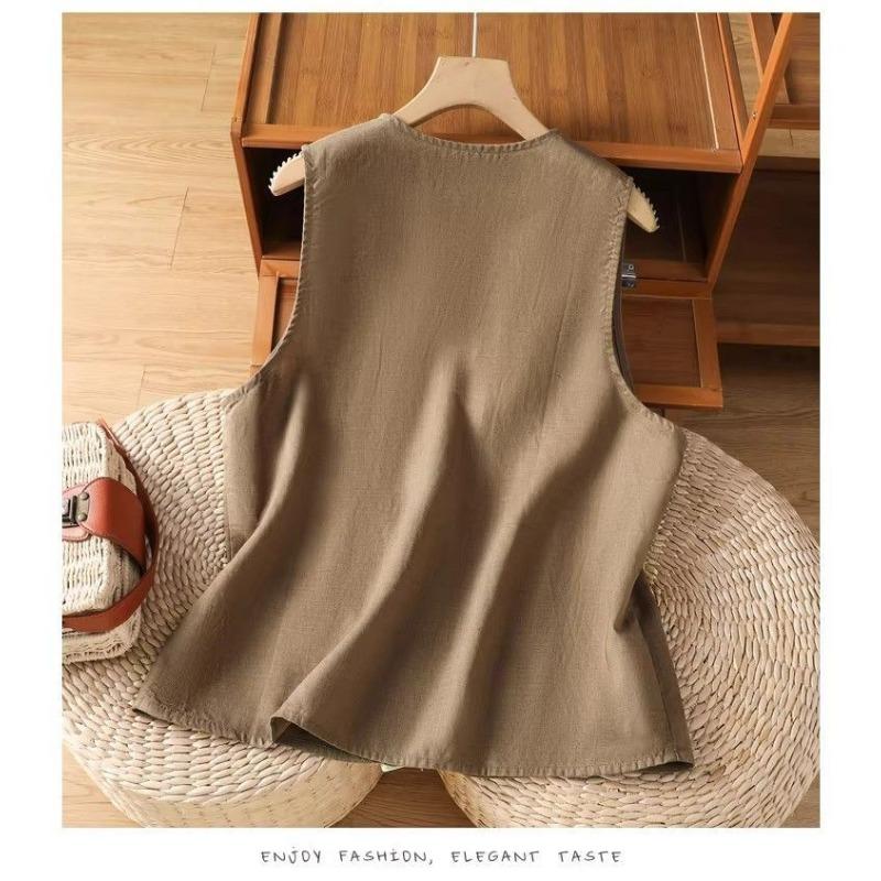 Women Linen Blend Vest Floral Embroidered Sleeveless V Neck Button  Waistcoat With Pockets