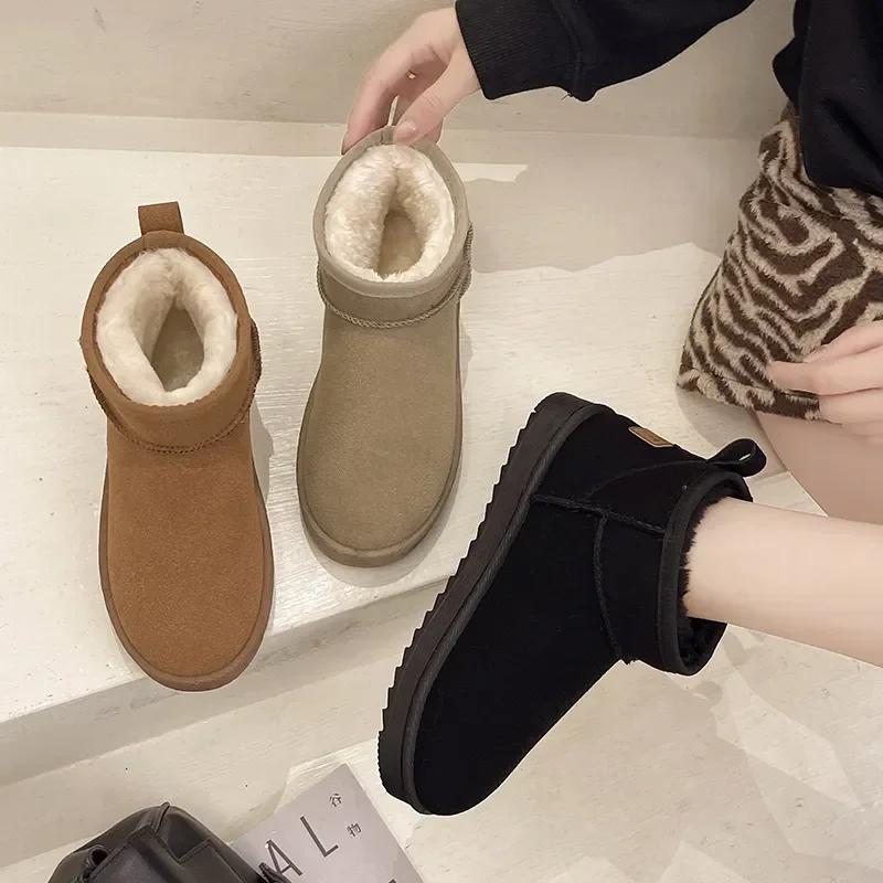 Snow Boot Style Short Mini Winter Sheepskin Boots Women Waterproof Natural Wool Ankle Boots Fur Lined Ankle Warm Flat Shoes