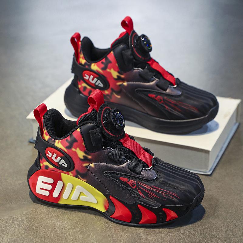 Children's Shoes Boys' Basketball Shoes Spring and Summer New Mesh Breathable Sports Shoes Swing Button Medium and Older Children's Running Shoes