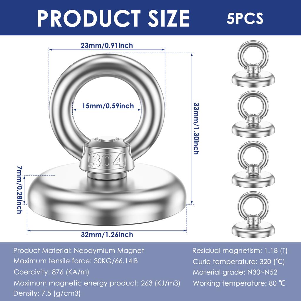 5Pcs Magnet Strong 32 Mm Neodymium Eyelet Strong Pot Magnet Hook 30 Kg/66 Lbs Adhesive Force for Garage Warehouse RV