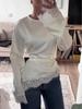 2026 Women's Solid Color Lace Long Sleeve Irregular Hem Blouse