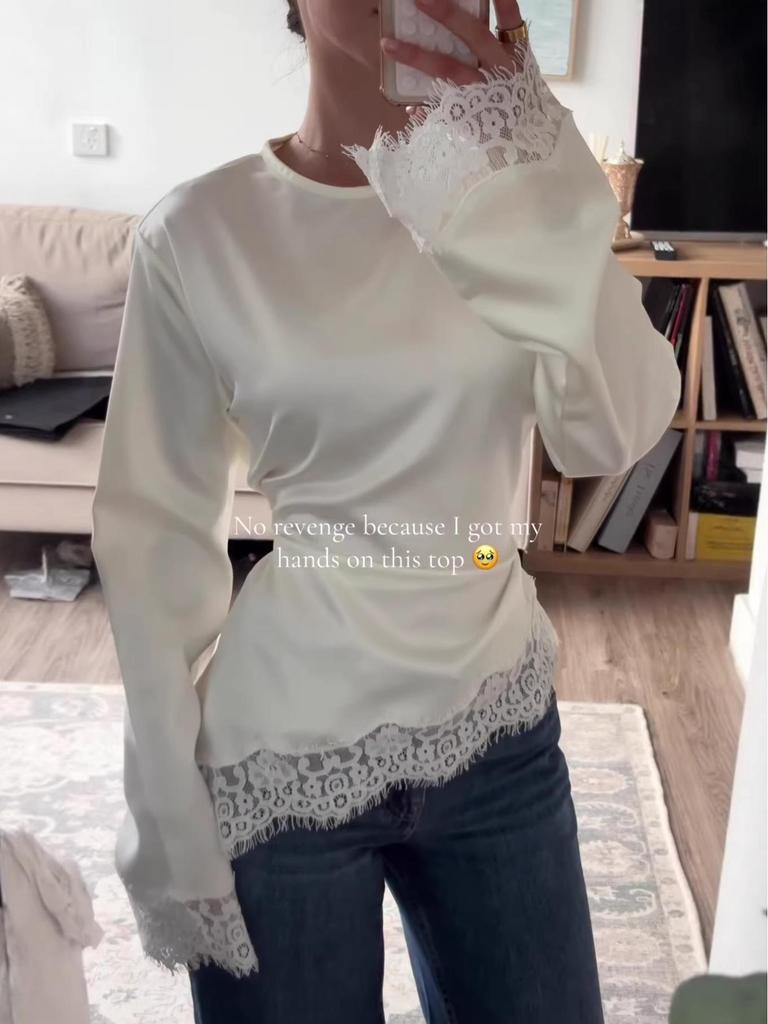 2026 Women's Solid Color Lace Long Sleeve Irregular Hem Blouse