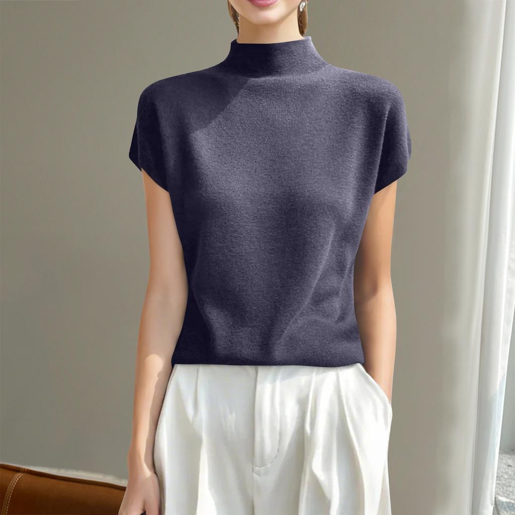 Fashion Knit Short Sleeve Half High Neck T-Shirt For Women