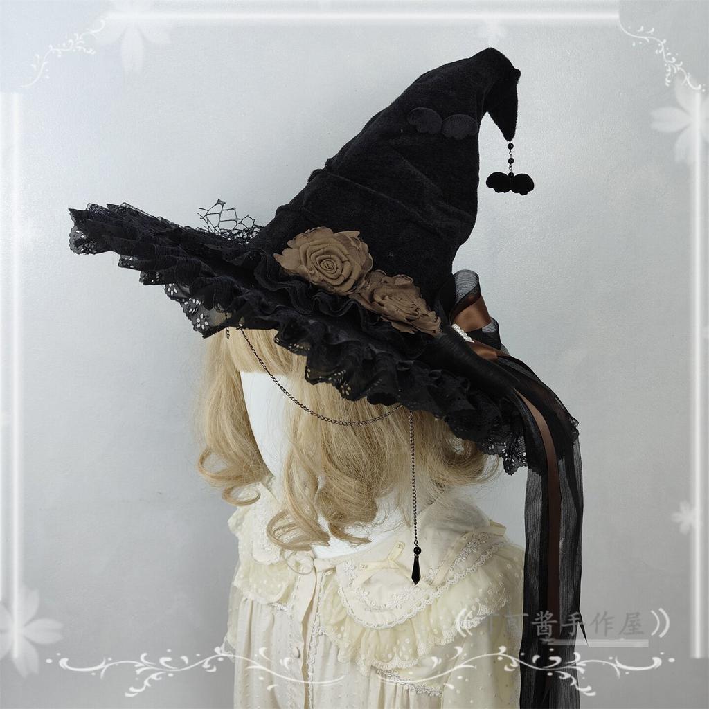 Halloween Witch Hat Pointed Wizard Hats Black Gothic Velvet Rose Dark Gorgeous Women Hat for Women
