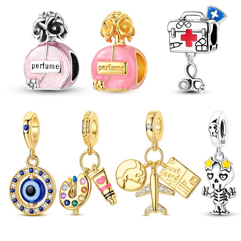 New Original Charm Beads Copper Perfume Bottle Blue Eye Plane Dangle Charms For Bracelet Women Girl Fine Diy Jewelry Gift