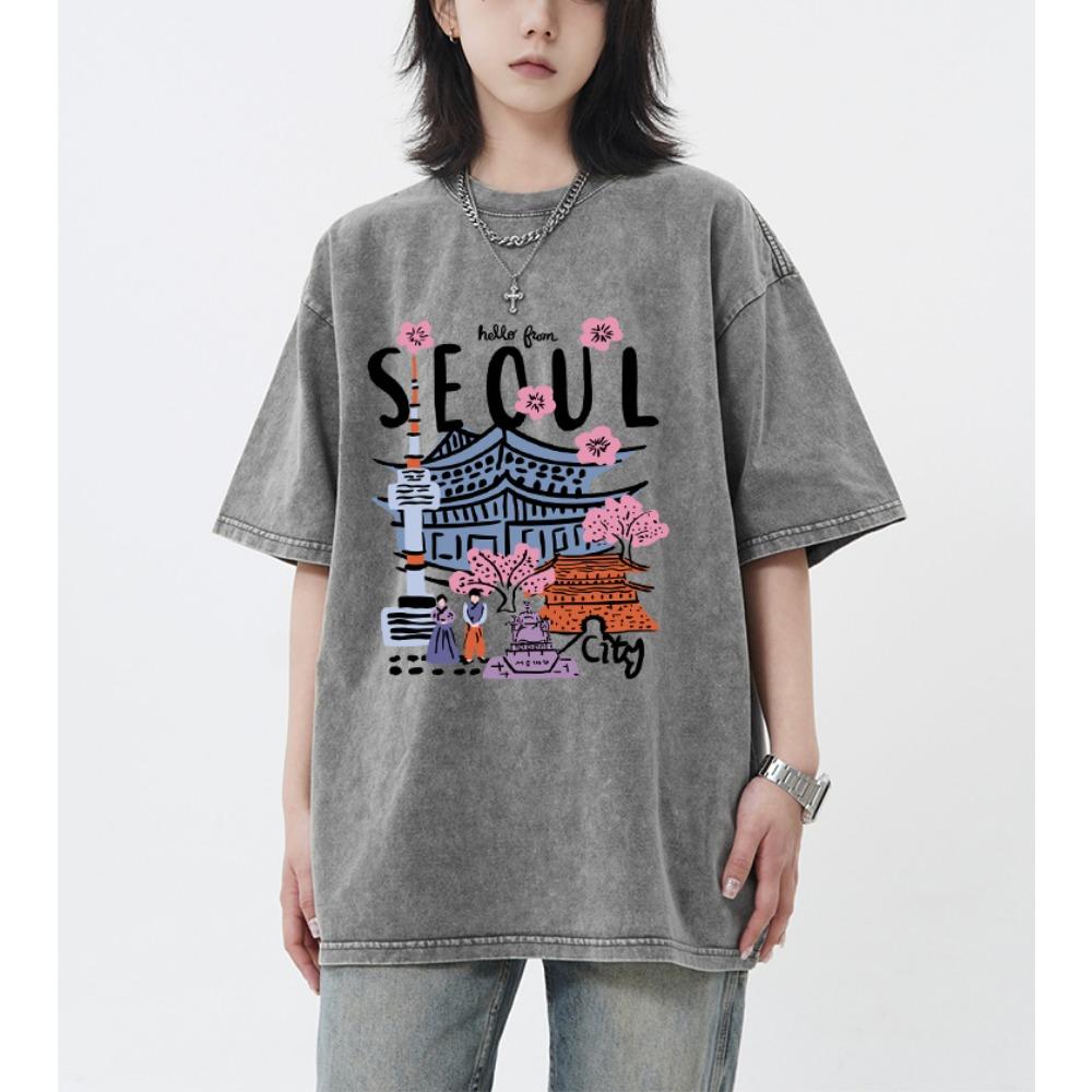 

Seoul Beautiful Scenery Printed Washed T-Shirt Female Breathable Cotton Cool Tee Shirt Summer Snow Wash Clothing 3XL