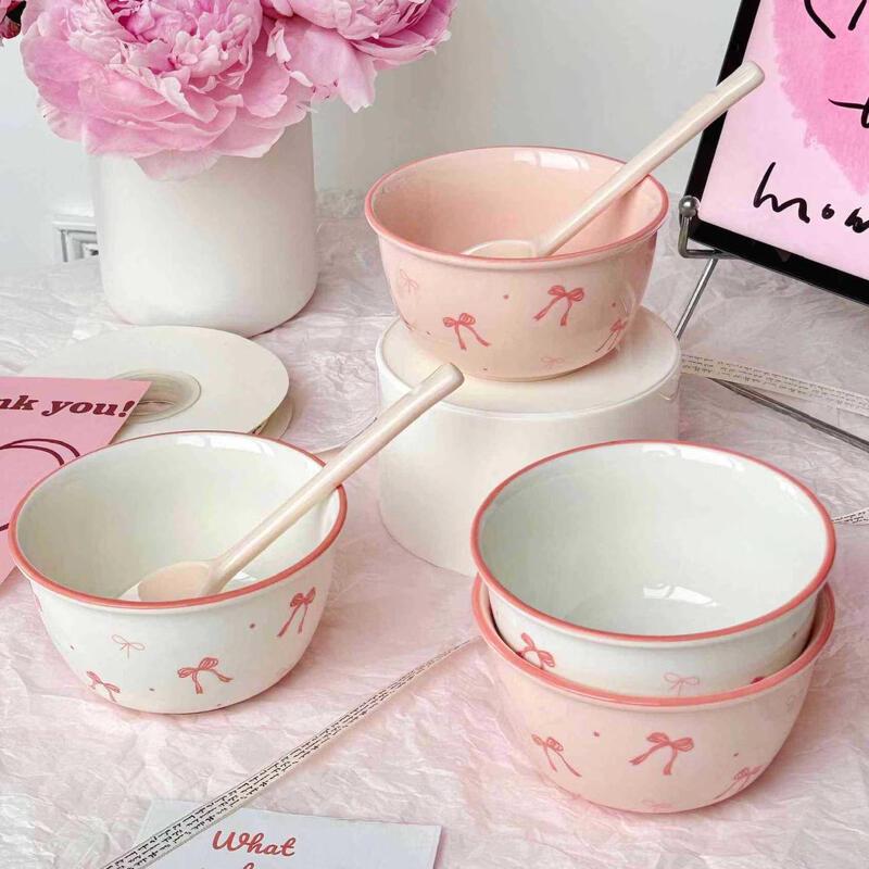 ZISIZ Girly Pink Bow Ceramic Rice Bowl Set