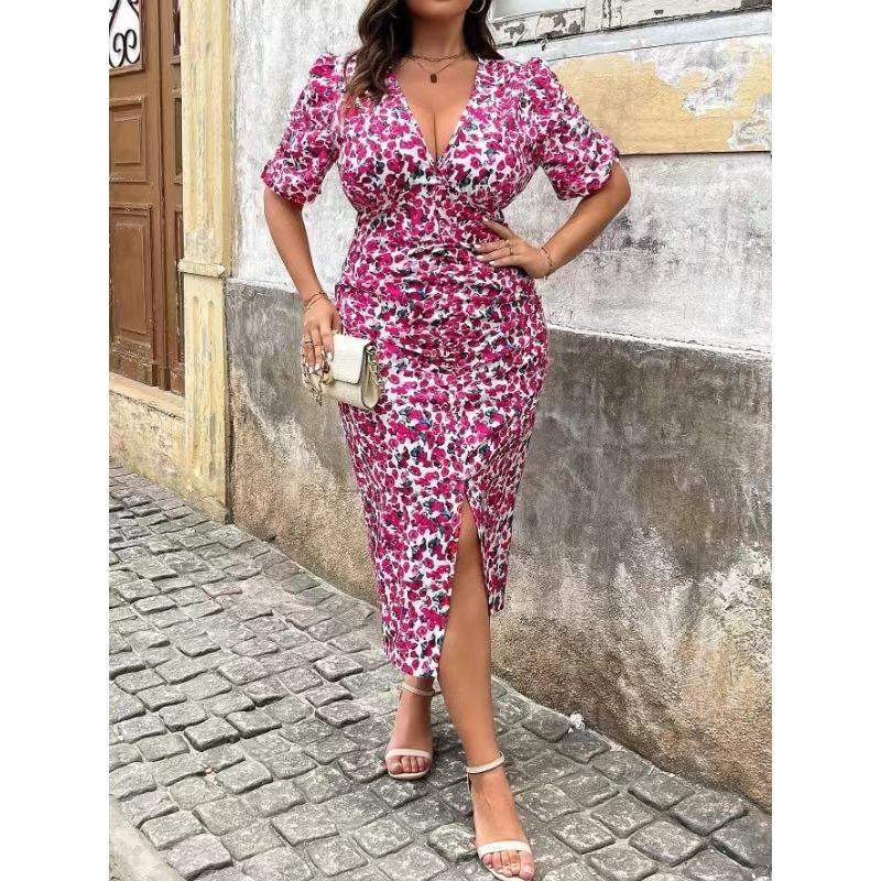 

Женское сексуальное платье с V-образным вырезом и принтом, плиссированное, с разрезом до бедра XL белый