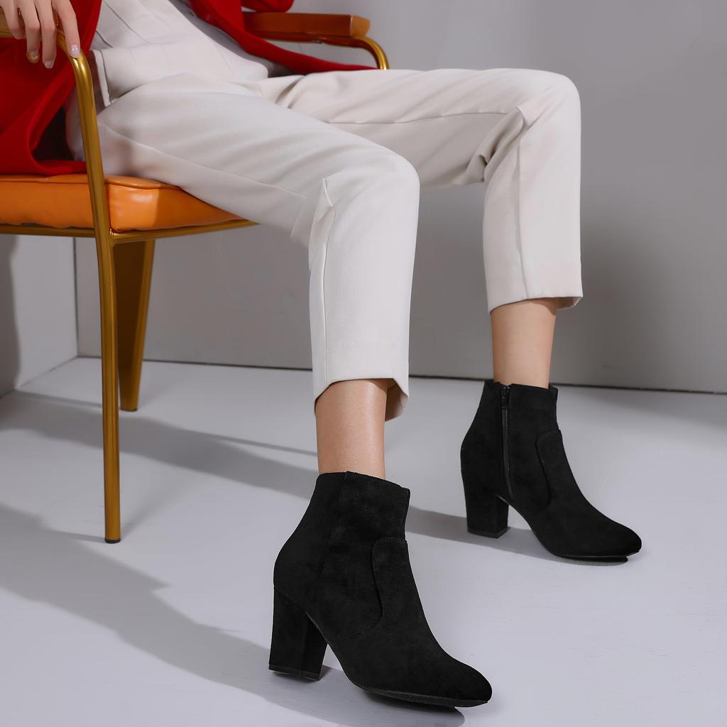 Allegra K Women's Side Zip Round Toe Chunky Heel Ankle Boots, Black, Size 23.5cm