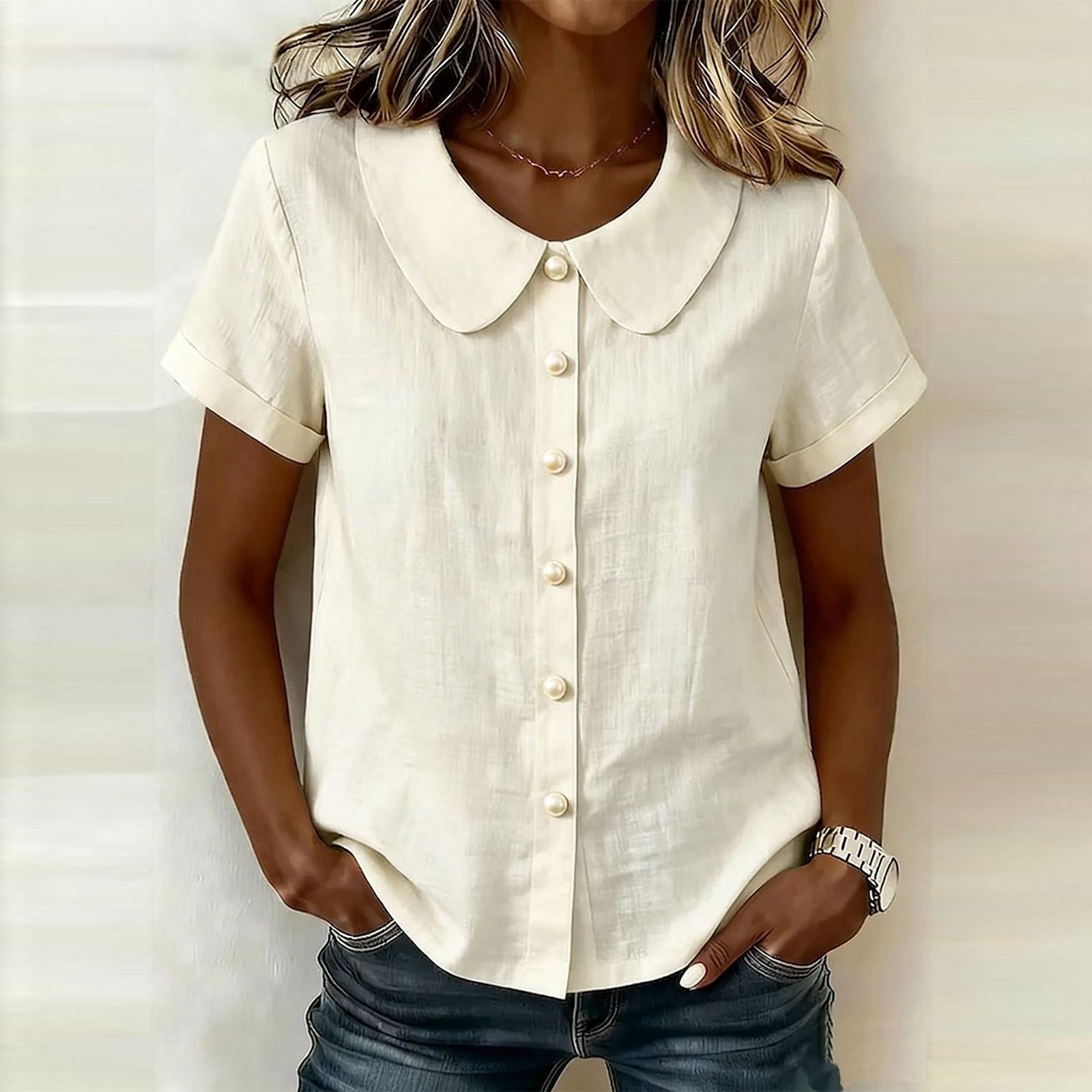 

Women s Fashion New Summer Loose Color Short Sleeve Casual Cotton Linen Collar Button-Decorated Shirt Top L бежевый