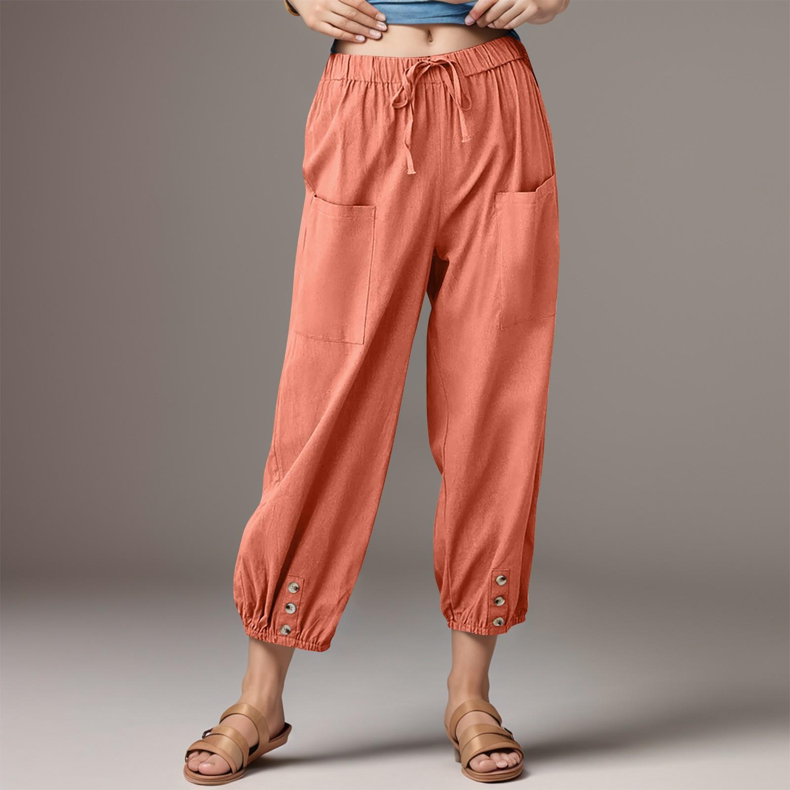 

Женские модные однотонные хлопковые льняные повседневные брюки с эластичной резинкой на талии и карманами S шафрановый