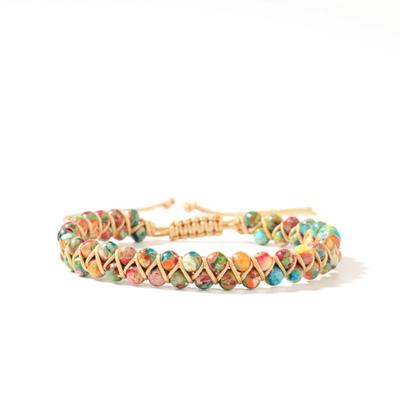 Regenbogen-Imperialjaspis Geflochtenes Armband – Beiges Band Boho Schmuck, Freude Vitalität Geschenk für Männer & Frauen
