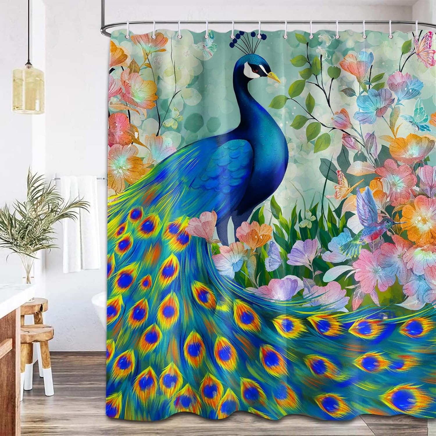 

Peacock Shower Curtain Feather Asian Chinoiserie Watercolor Floral Art Bathroom Decor, Waterproof Cloth Fabric With Hooks W60H190(CM)-1 Pcs