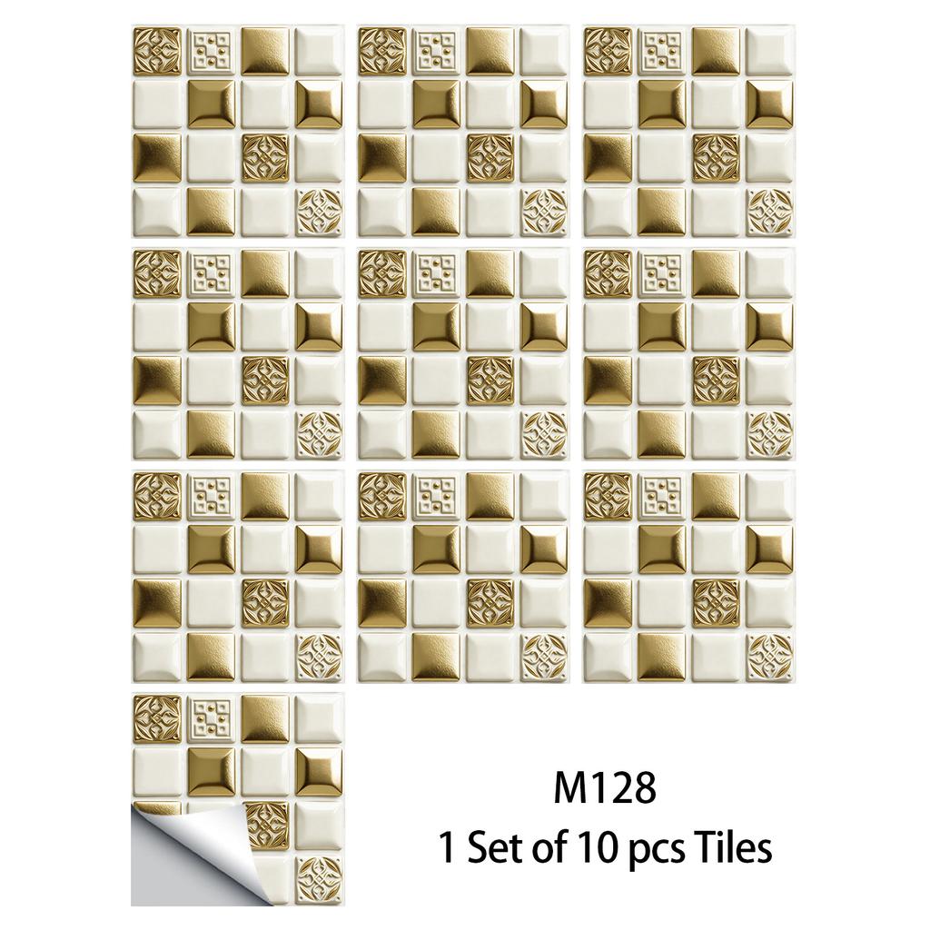 10Pcs Glossy Marble Mosaic Tile Stickers Waterproof Self-Adhesive Geometric Wall Floor Decals Kitchen Backsplash Home DIY Decoration