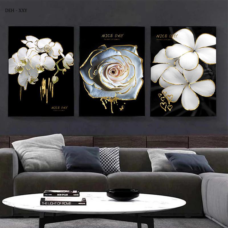Luxury Plants White Flowers Wall Art Painting Picture Golden Art Canvas Poster Prints Nordic Flowers Art for Living Room Decor