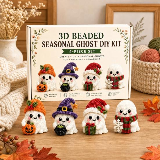 Beaded Ghost DIY Kit, Tiny 3D Beaded Festive Ghost Craft Set, Cute Ghost Bead Craft Kit for Beginners Adults Handmade