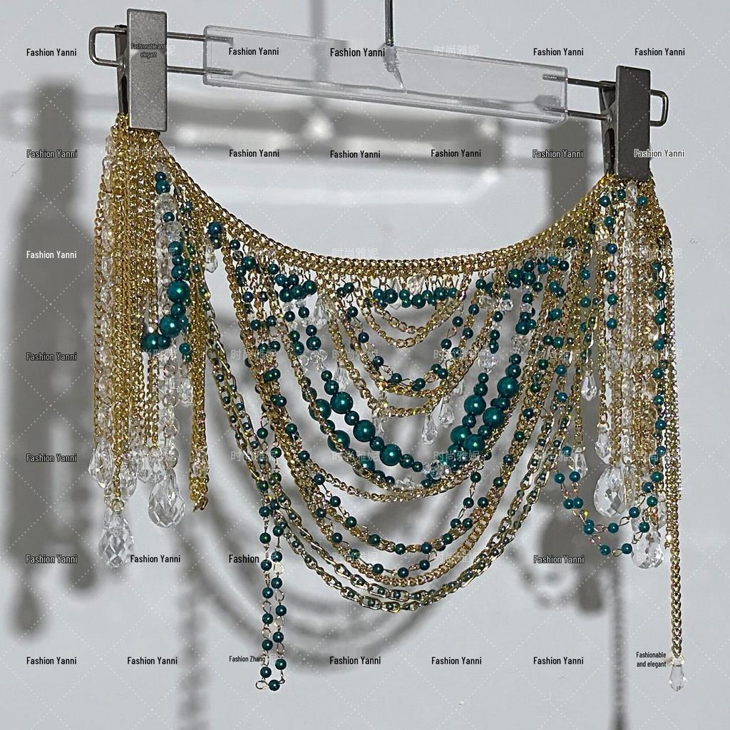 Yanni Fashion Backless Halter Pearl Beaded Corset Bra with Body Chain and Half Skirt