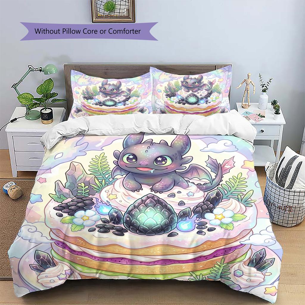 Toothless Night Fury Pattern Bedding Quilt Set Quilt Cover Pillowcase Home Decoration Birthday Gift (1 * Duvet Cover + 2 * Pillowcase, Without Core)