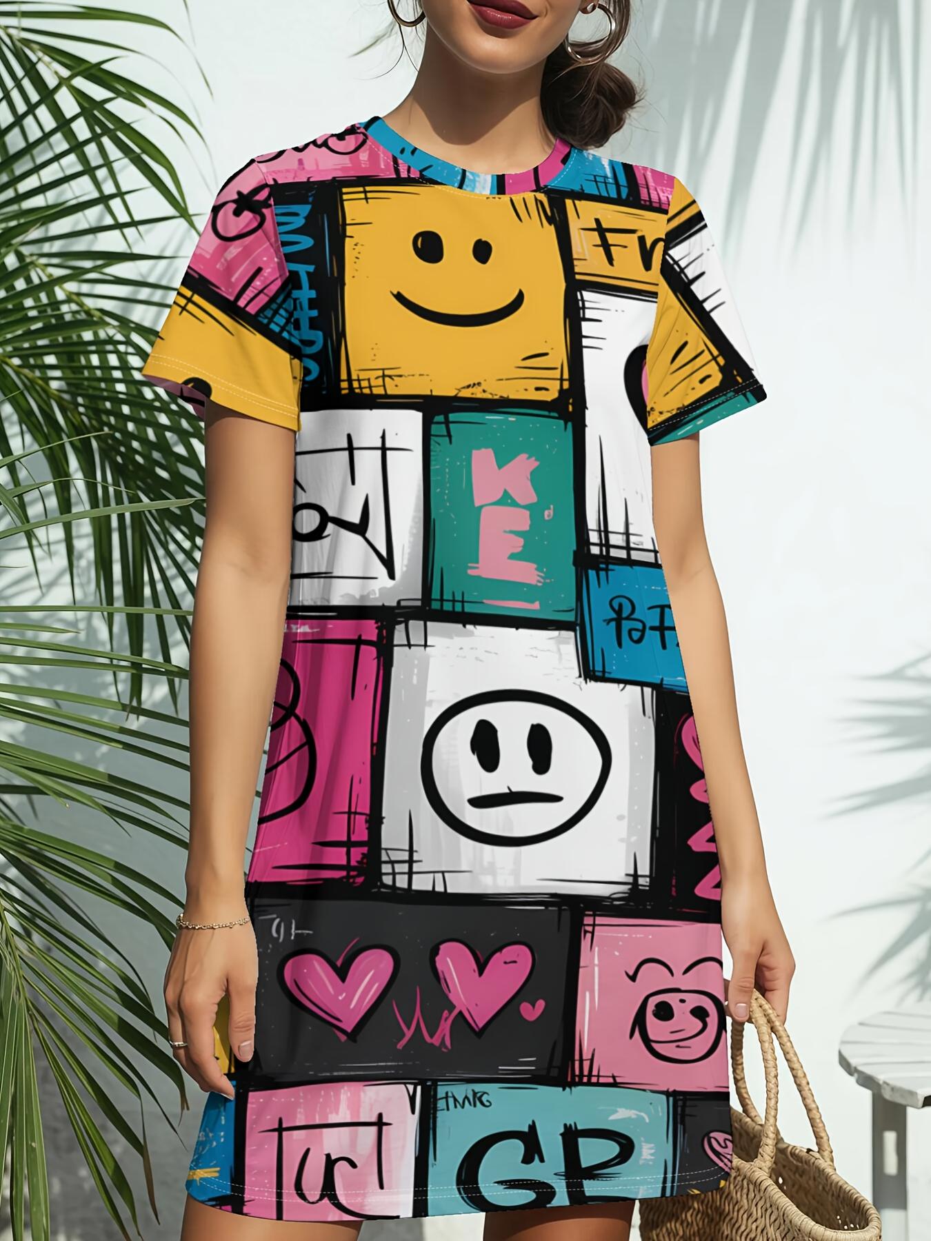 

Graffiti Pop Art New Arrival Women S Round Neck Short-Sleeve T-Shirt Dress. American Trendy Digital Print. Casual Versatile Style for Spring And Summe XL дубильная кора