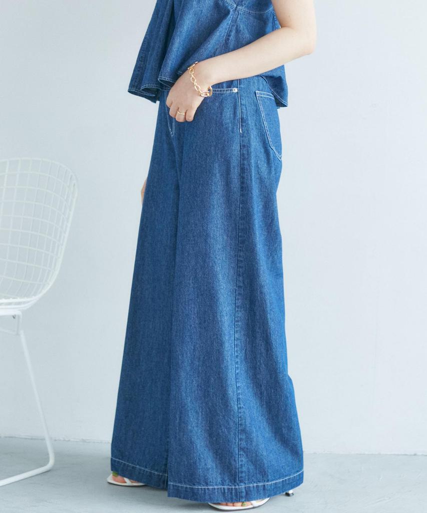denim pants with center crease and navy size suitable for matching outfits [BIS] Wide-leg belt, washable, (43), M,