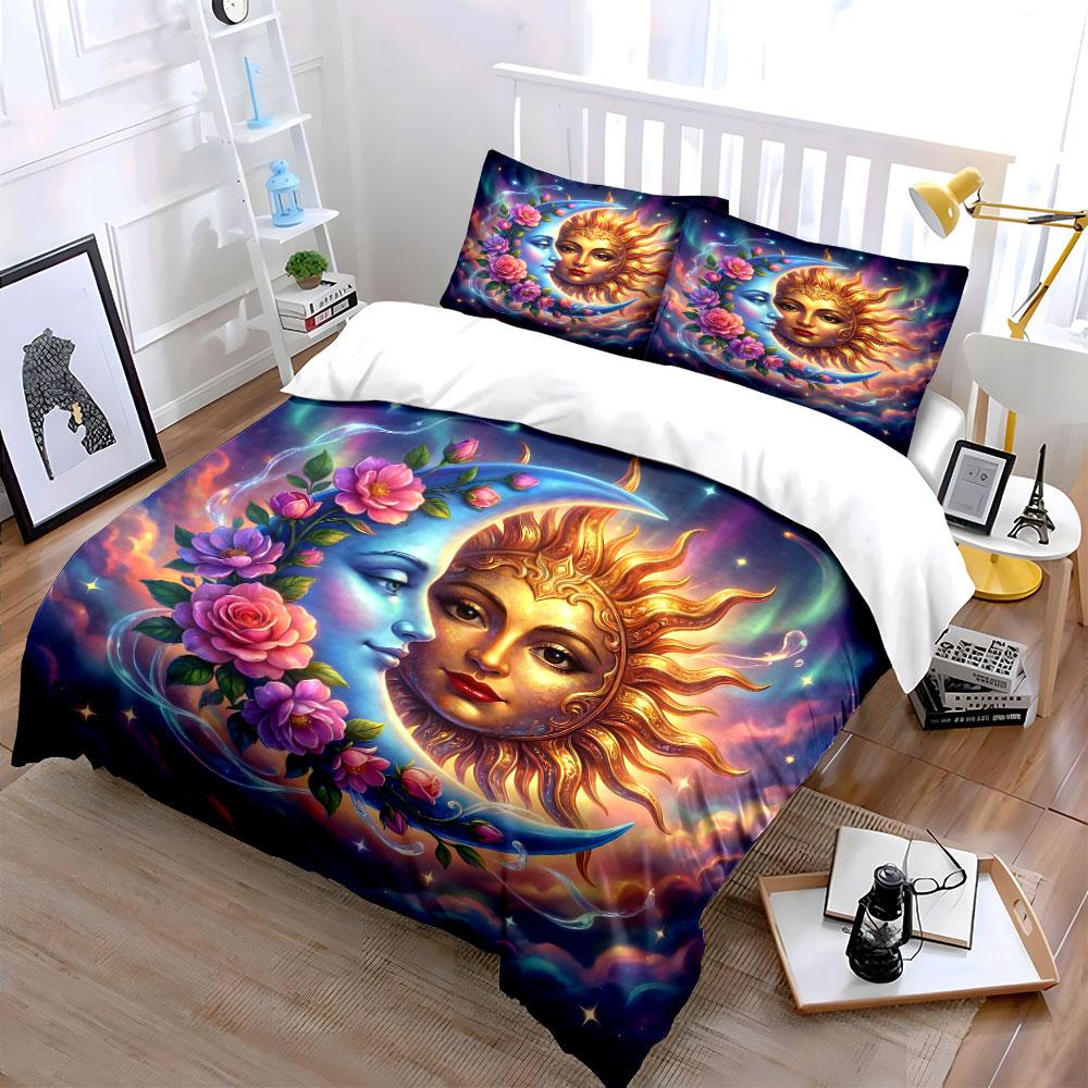 Sun and Moon with Floral Design Bedding Duvet Cover Set (1*Duvet Cover 2*Pillowcases, Without Duvet Insert)