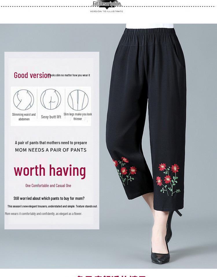 Mom's Summer Embroidered Cotton Linen Pants - Breathable Casual Fit for Women