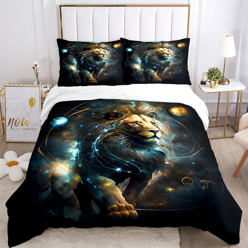 3pcs Lion's Cosmic Journey Print Bedding Set (1 Cover + 2 Pillowcases, Without Inserts), This Printed Bedding Set is Soft and