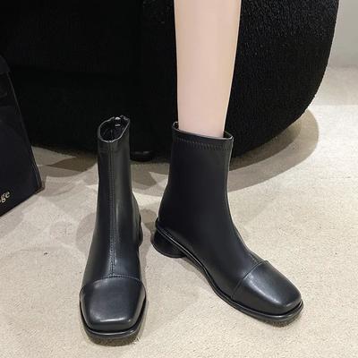 Bottines Chelsea à bout carré et talon épais pour femmes Automne Hiver Nouvelles Bottes mi-mollet à fermeture éclair arrière pour femmes Robe Chaussures à talons pour dames