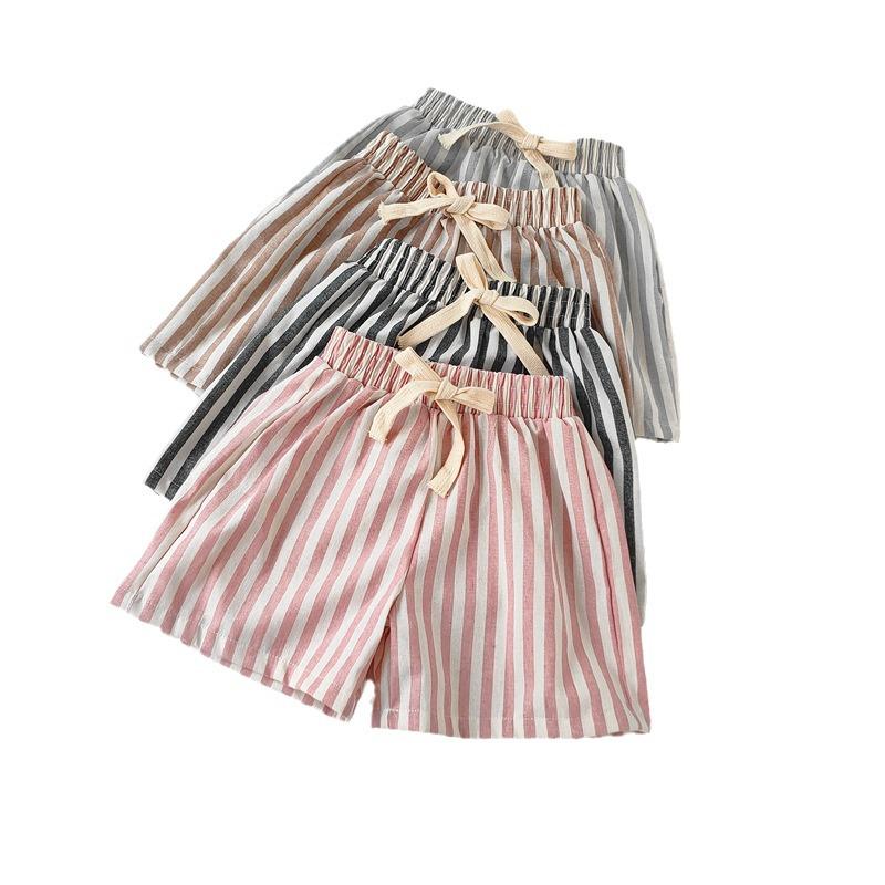 Spring & Summer Unisex Striped Linen-Cotton Kids Shorts – Cute, Casual, and Breathable Korean Style.