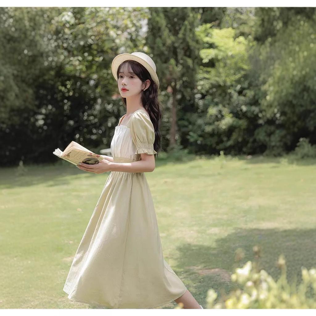 Summer new French temperament medium and long square collar design sense niche elastic waist thin dress women