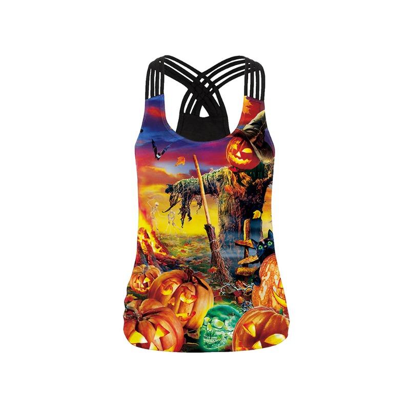 Halloween Skeleton Printed Ladies Strap Cross Tank Skinny Elastic Yoga Top