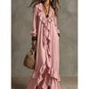 Autumn and winter European and American style casual bohemian style urban V-neck short-sleeved ruffle edge retro long-sleeved dress