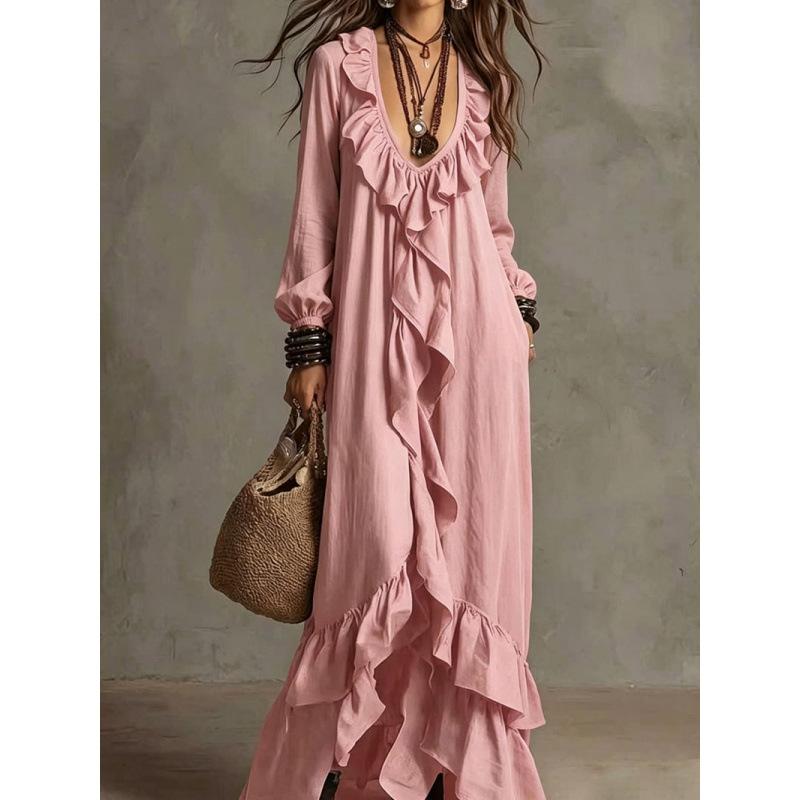 Autumn and winter European and American style casual bohemian style urban V-neck short-sleeved ruffle edge retro long-sleeved dress