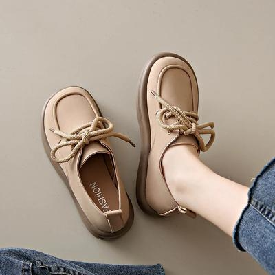 2024 Spring Autumn Lace Up Loafers Comfy Round Toe Women Pu Leather Moccasins Women Soft Soled Flats Solid Casual Board Shoes