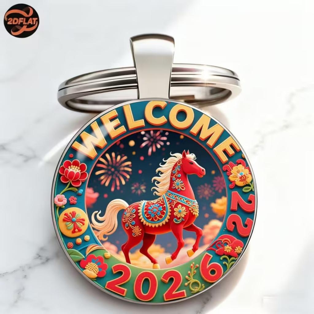 Round Metal Keychain Pendant Alloy Material with 2026 Horse Design Decorative Key Ring for Bag Car Keys Office Home Use