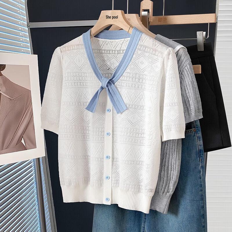 

Women s Wool Blend Colorblock V-Neck Short Sleeve Knit Top M