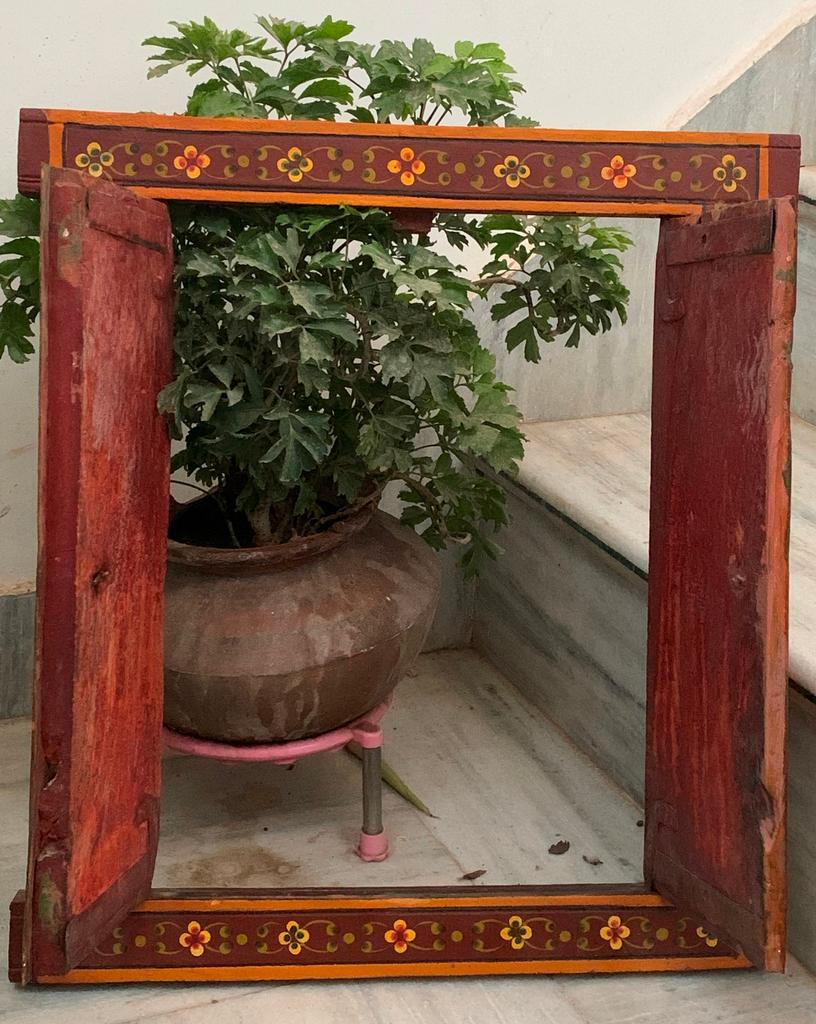 Antique Hand-Painted Krishna Wooden Window Frame: Indian Religious Decor