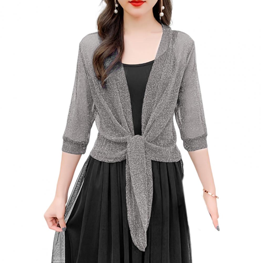 Women Shawl Coat V-neck 3/4 Sleeve Lace-up Thin Coat Solid Color Strappy Design Regular Fit Top Cocktail Party Wear