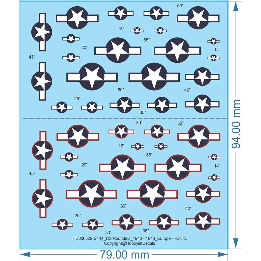 US Roundels_1940 - 1948_Europe - Pacific -1/24 1/32 1/48 1/72 1/144 -Water Decal - Waterslide, 1/24