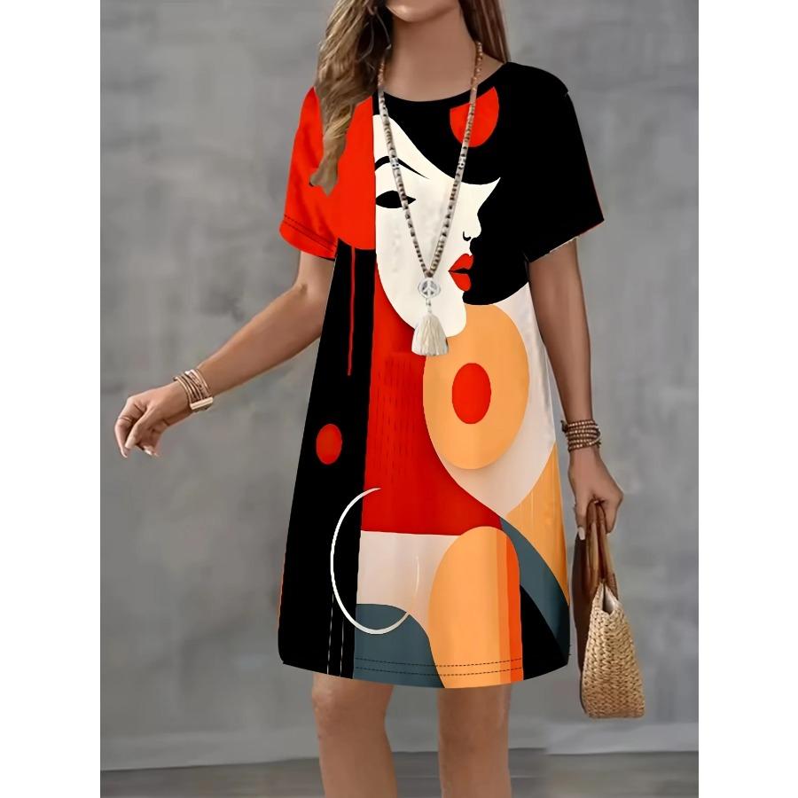 Women's Casual Cartoon Dog Print Mini Dress - Short Sleeve, Loose Fit, Round Neck  Y2K Female Clothing New Year's Casual Wear