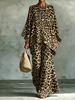 Set casual cu imprimeu leopard pentru femei, cu mânecă dolman și tiv neregulat, și pantaloni cu picior larg
